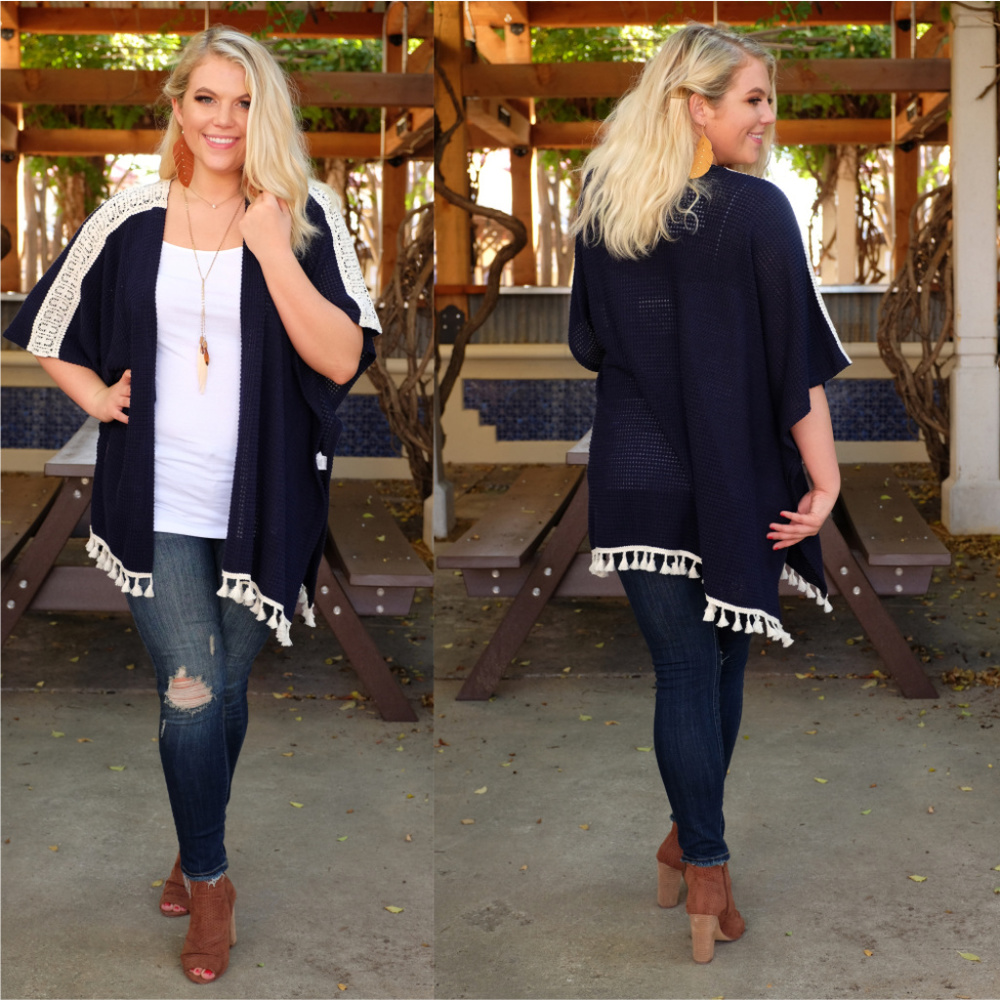 PLUS Navy Crochet Fringe Thermal Knit Cardigan